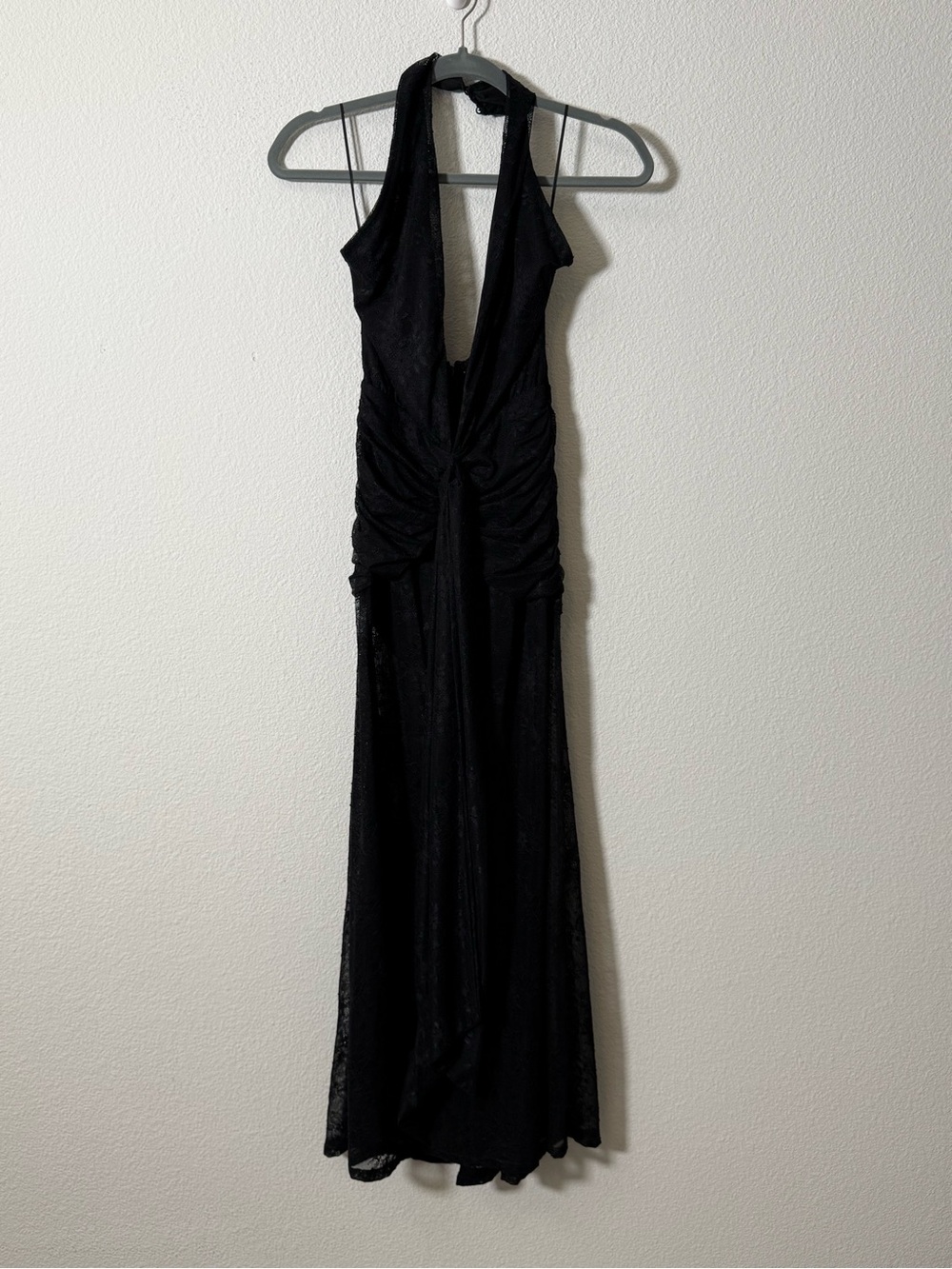 AFRM Black Lace Halter Midi Dress Ruched Plunge Tie Front Sleeveless Size XS